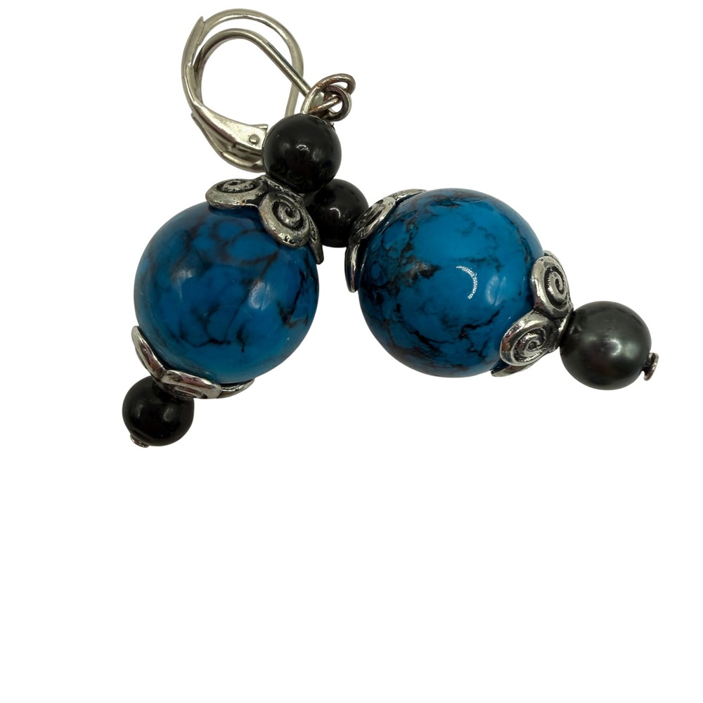 Boho Coastal Silver Tone Beaded Earrings Lot of 6 — Turquoise Blue Dangle - Picture 9 of 10